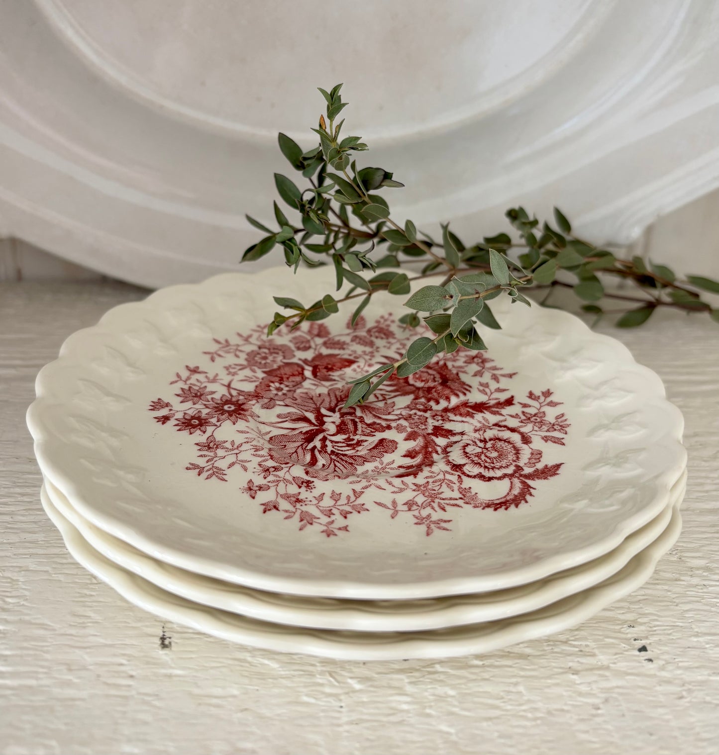 Set of 3 Red Transferware Saucers