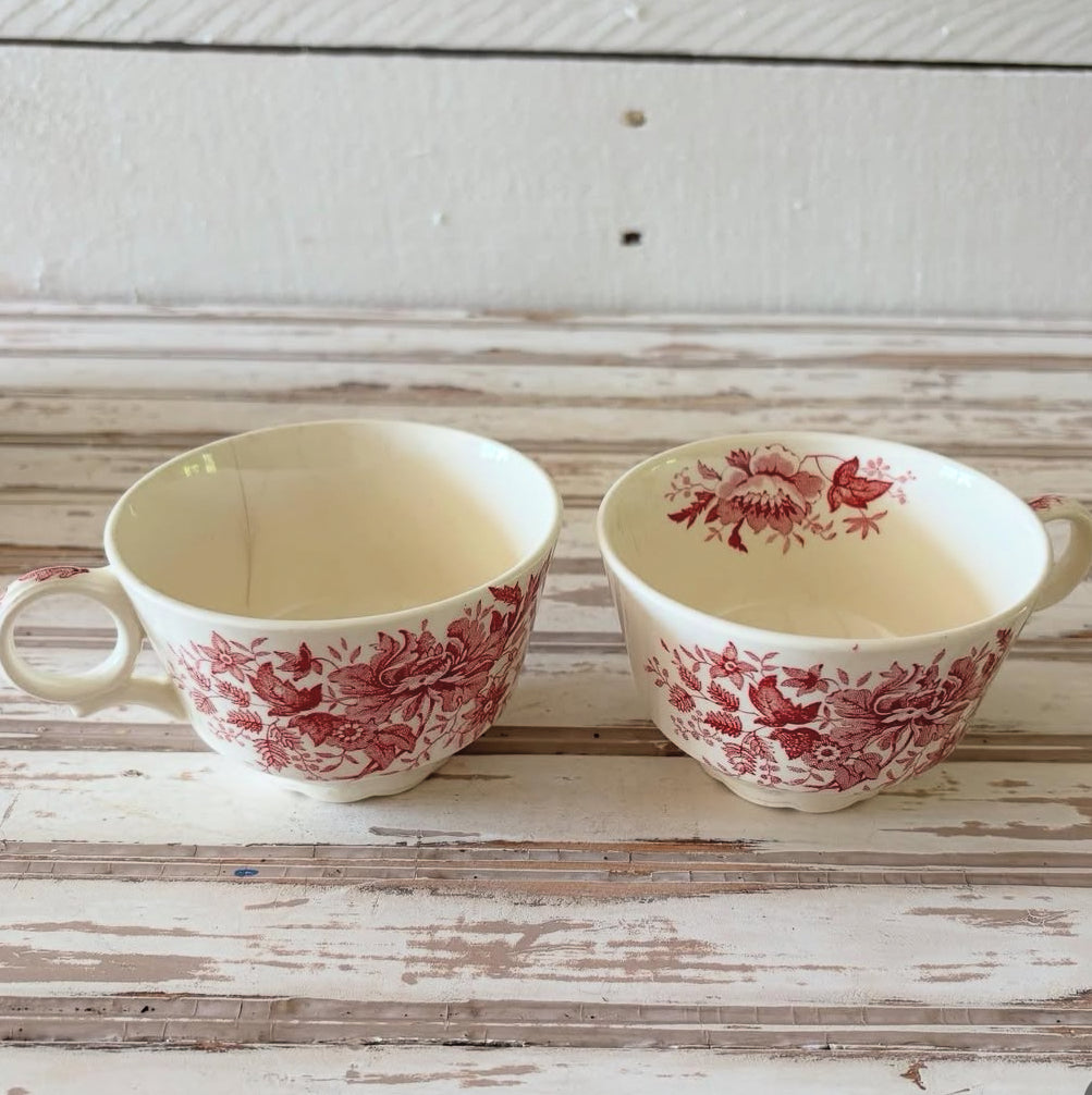 Set of 2 Red Transferware Tea Cups