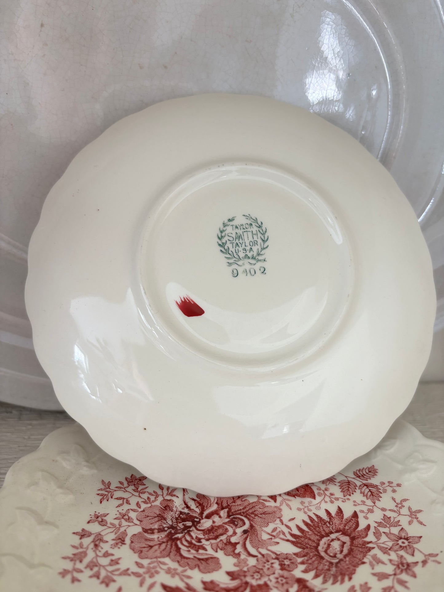 Set of 3 Red Transferware Saucers