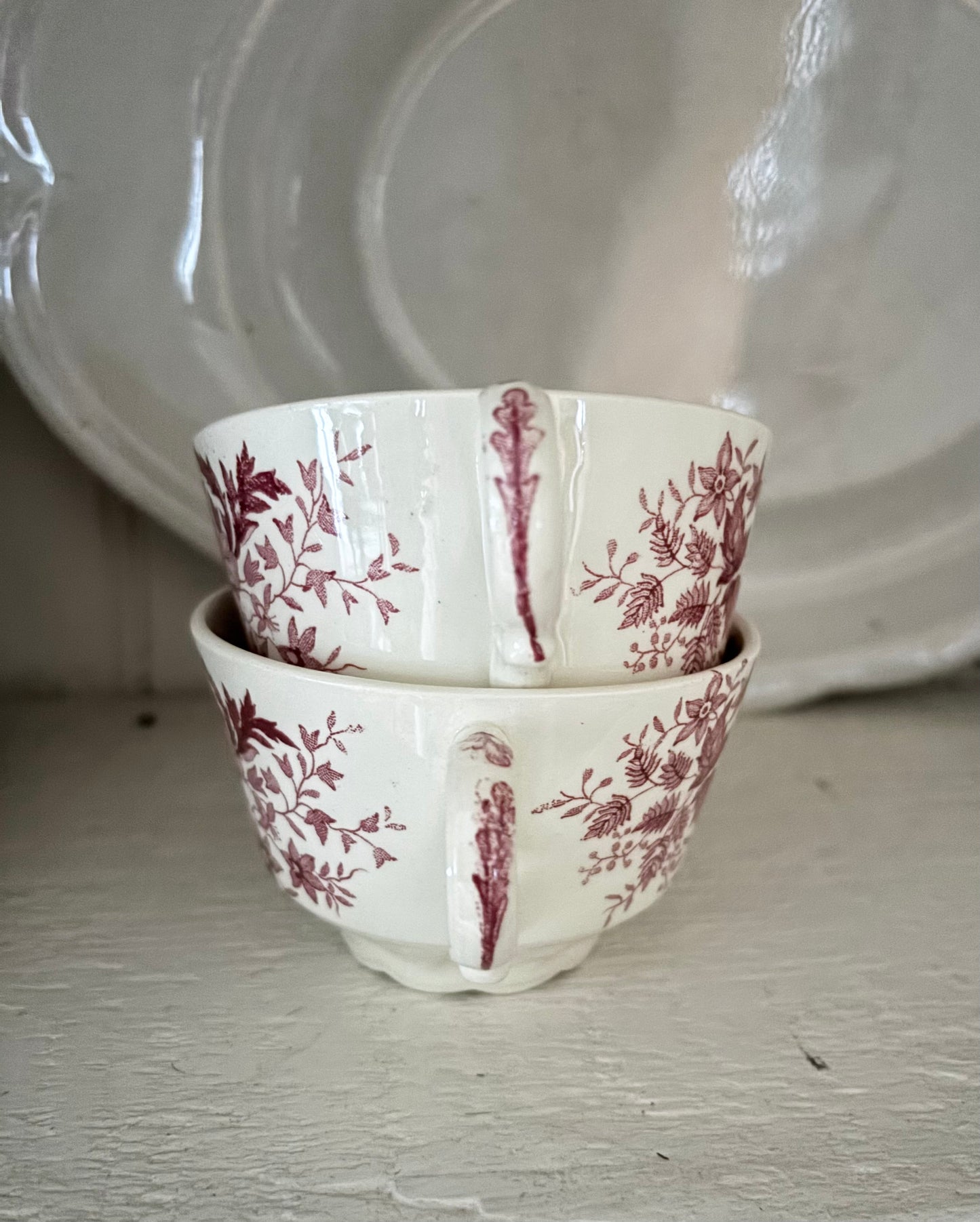 Set of 2 Red Transferware Tea Cups