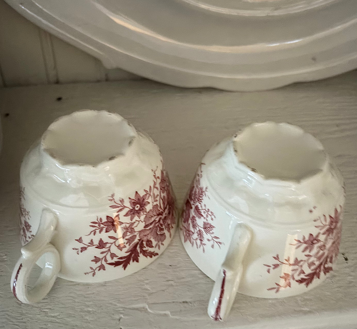 Set of 2 Red Transferware Tea Cups