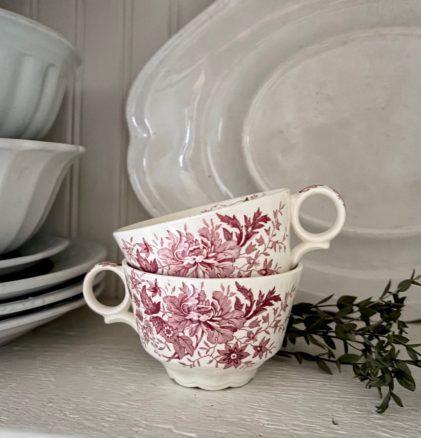 Set of 2 Red Transferware Tea Cups