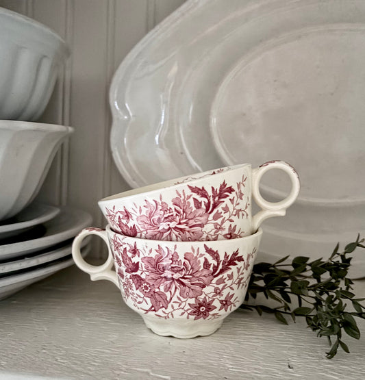 Set of 2 Red Transferware Tea Cups