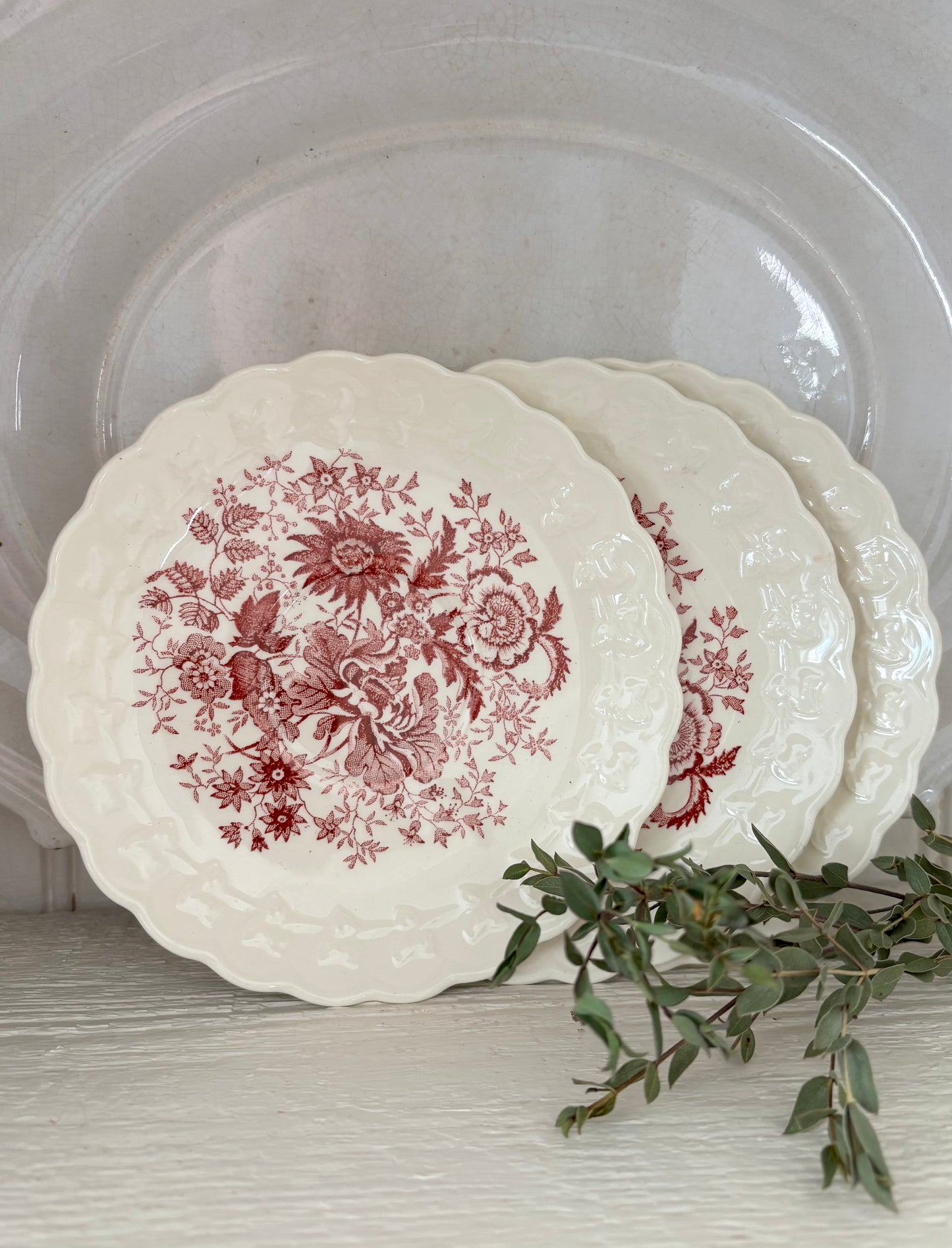 Set of 3 Red Transferware Saucers